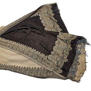 Elegant Two Tone Brown Beige Paisley Border Scarf Wrap Shawl